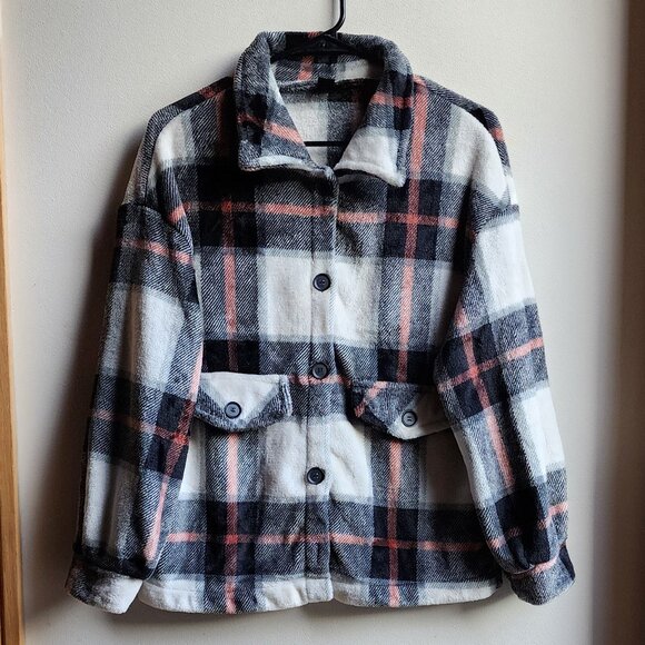 SHEIN Plaid Fleece Button Down Teddy Jacket Size Medium - Picture 6 of 16